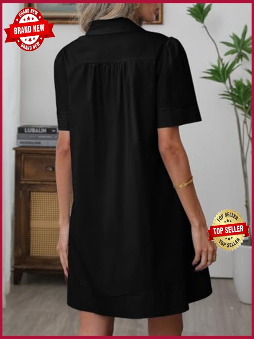 Casual Button Down Mini Shirt Dress Short Sleeve Ruffle Hem Pockets - Picture 6 of 7